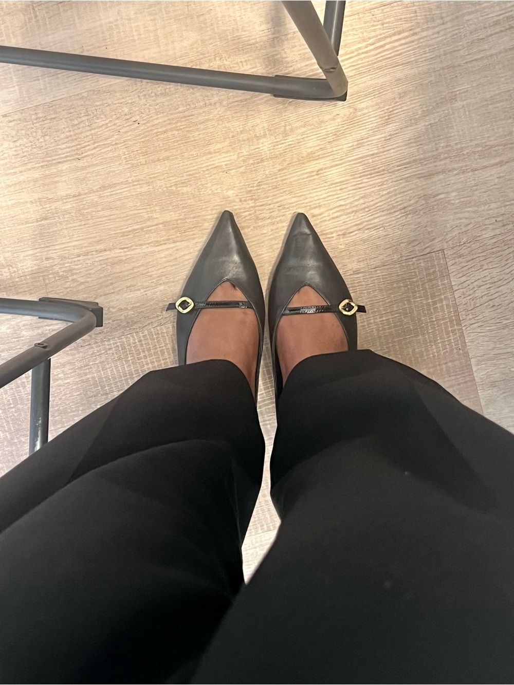 Rebecca Minkoff Black Pointed-Toe Flats with Gold Buckle